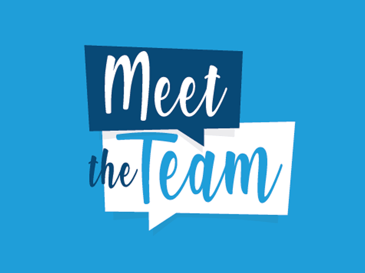 "Meet the Team" text displayed in two overlapping speech bubbles on a blue background