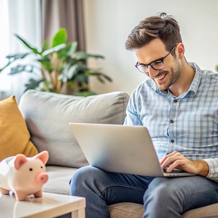 Smiling man using a laptop for personal savings account management with a piggy bank nearby