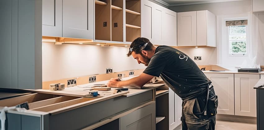 Contractor installing cabinets during a kitchen renovation project