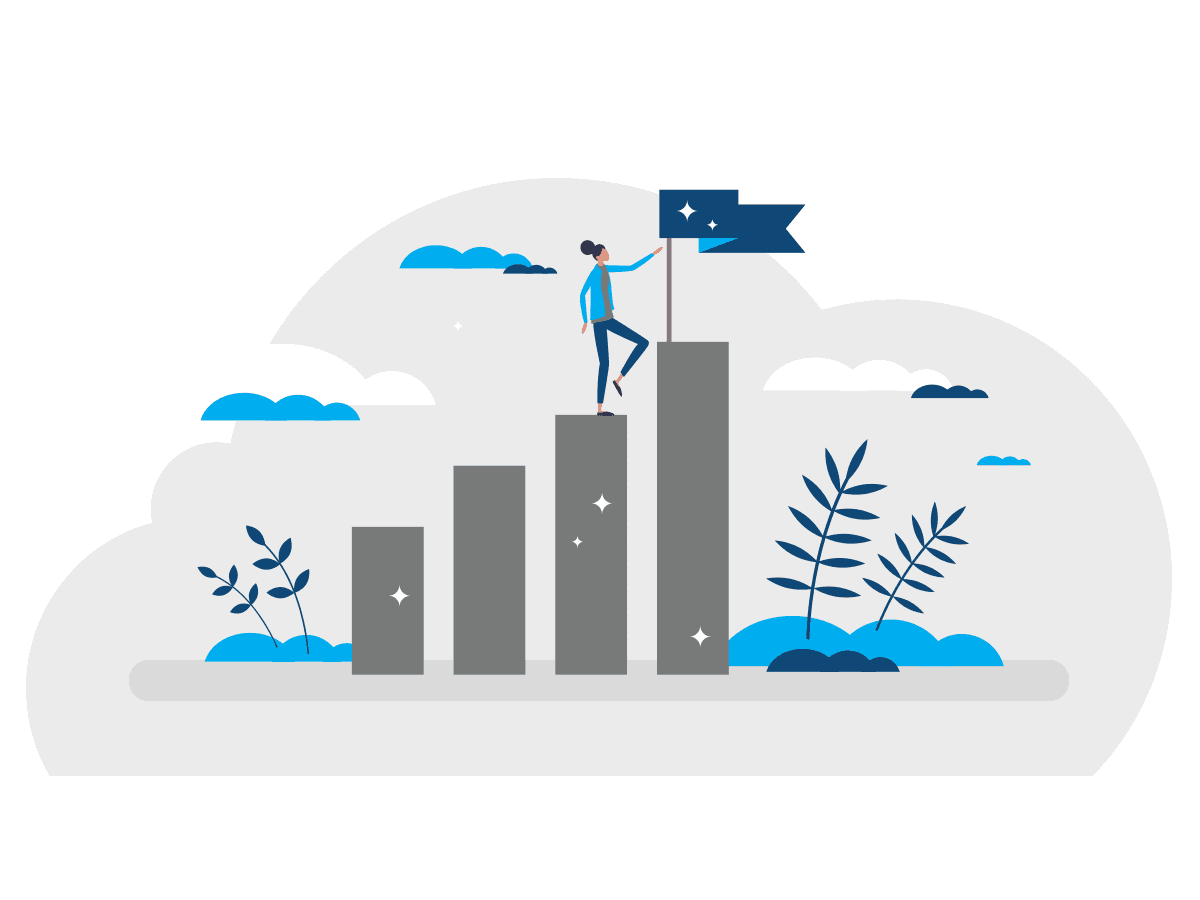 Person reaching the top of a rising bar chart and planting a flag, representing wealth management success