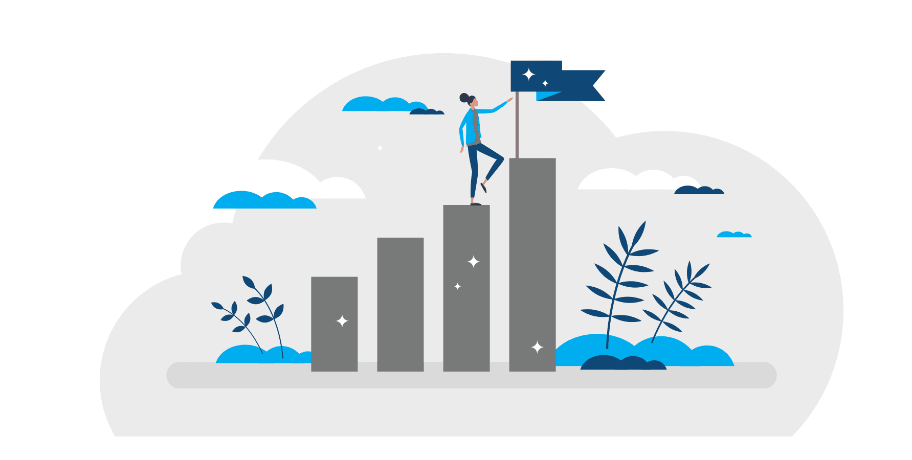 Illustrated figure climbing a bar chart and planting a flag, symbolizing financial planning and wealth management growth