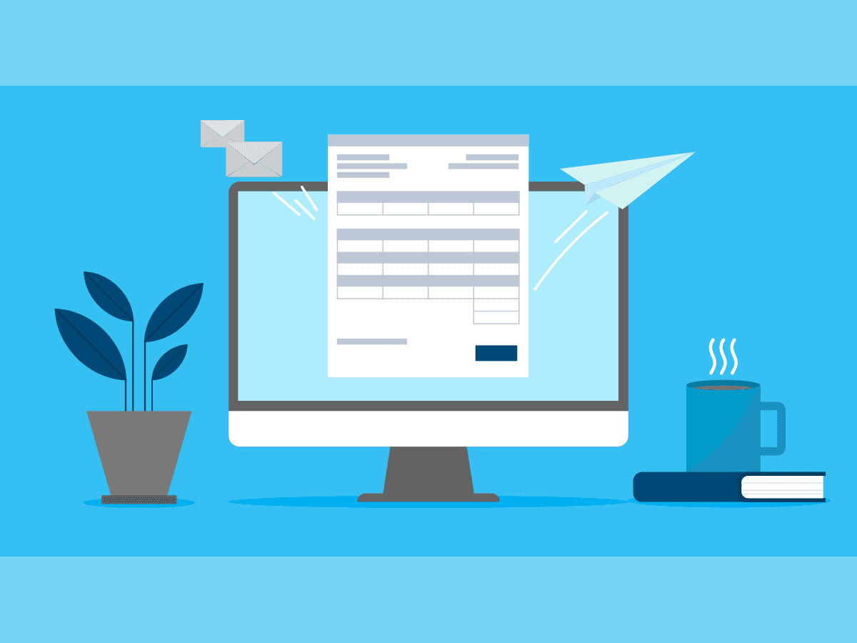 Illustration of an online banking form on a computer monitor with email and send icons