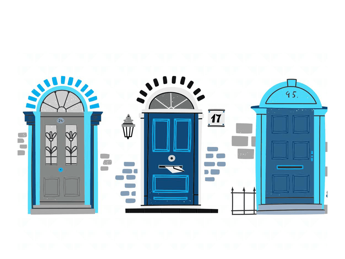 Illustrated front doors numbered 24, 17, and 95, representing home mortgage loan and home equity options
