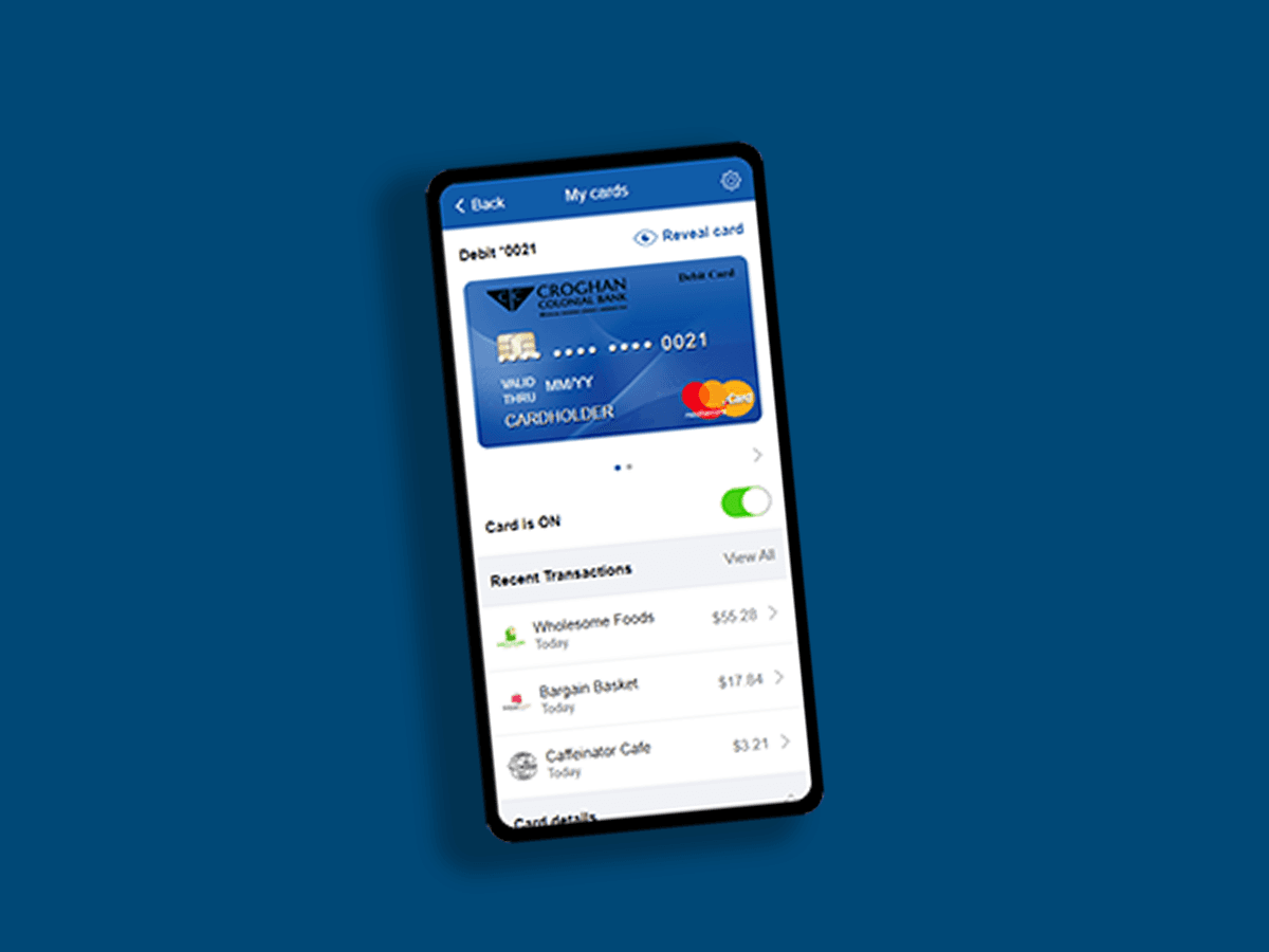 Croghan Colonial Bank mobile app showing debit card management and recent transactions for online banking