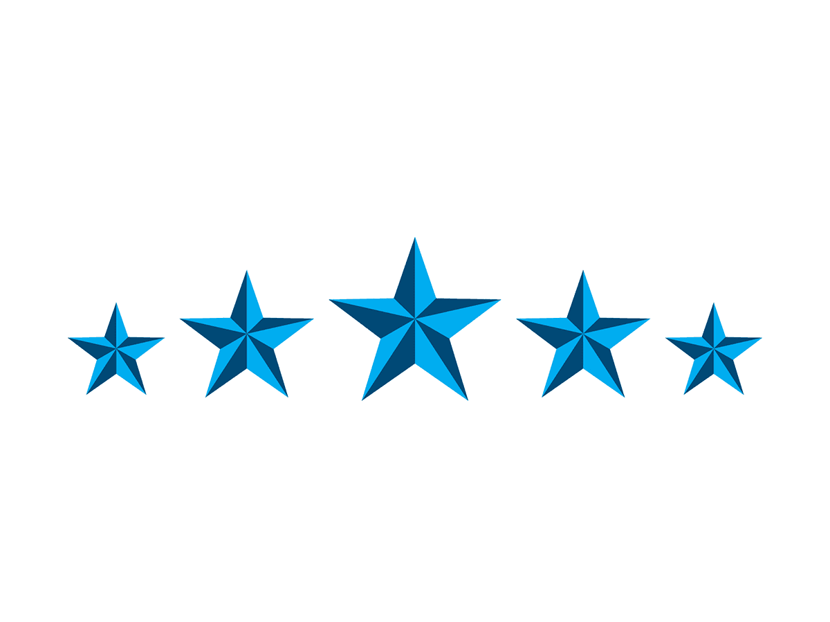 Five blue 3D nautical stars arranged in a row, varying in size with the largest in the center