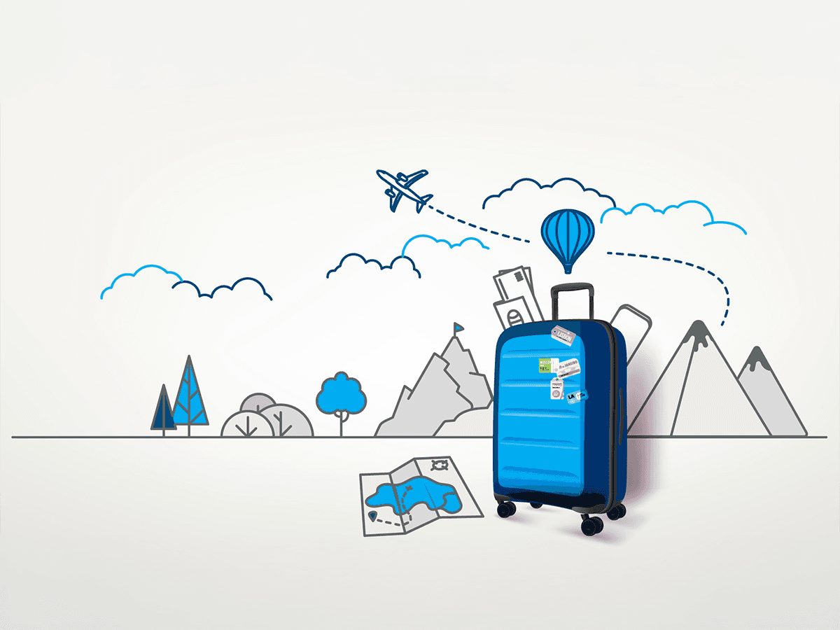 A blue travel suitcase with stickers surrounded by illustrated mountains, trees, a plane, and a hot air balloon.