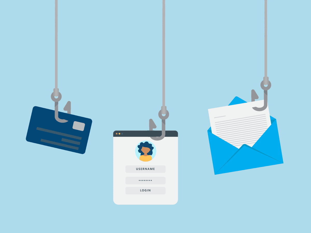 Fishing hooks dangling a credit card, login screen, and envelope, illustrating online phishing and identity theft threats.