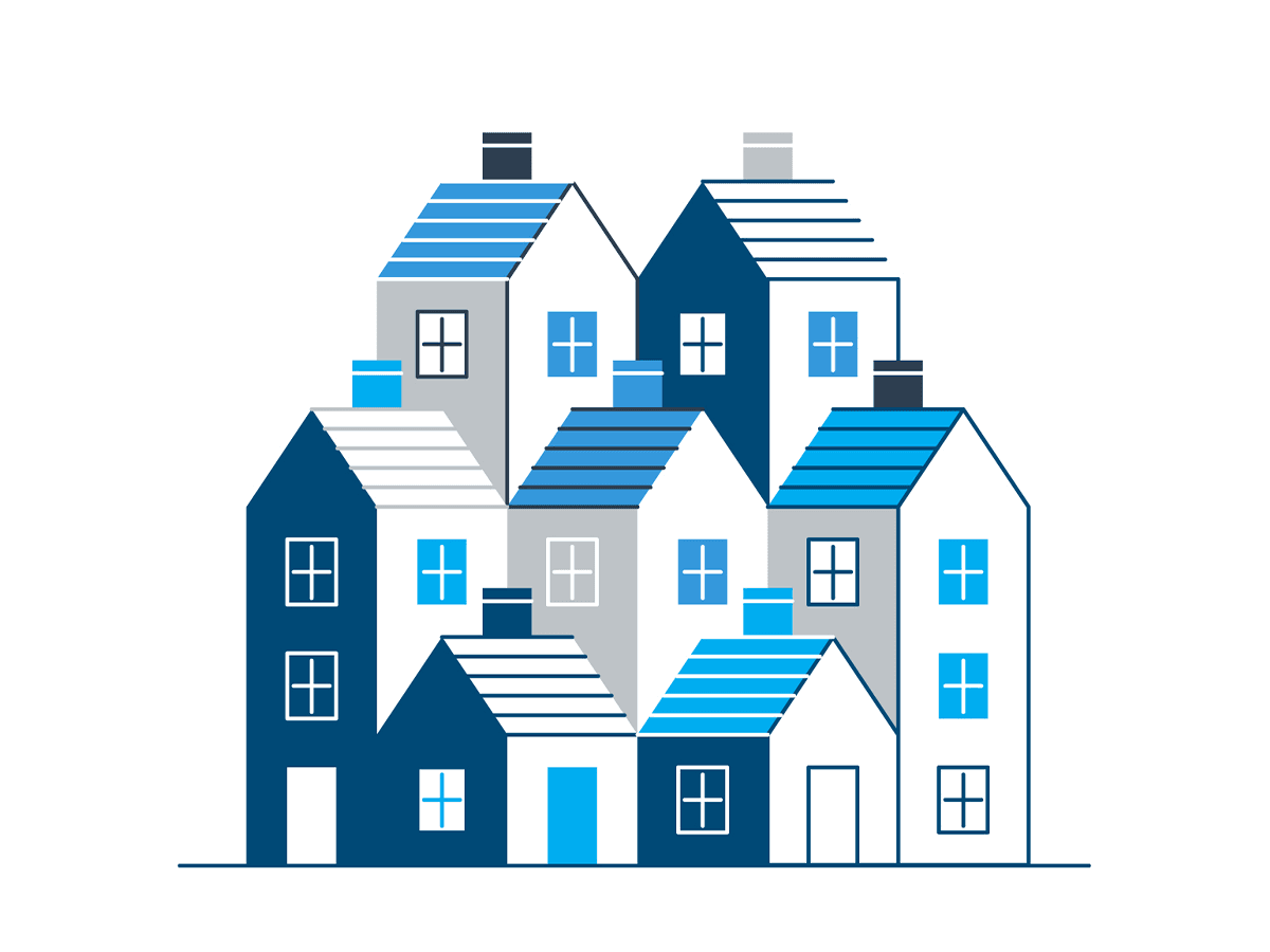 A cluster of illustrated houses in navy, blue, gray, and white, representing a residential neighborhood or housing market.