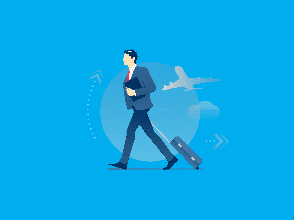 Business traveler pulling a suitcase with an airplane and clouds in the background