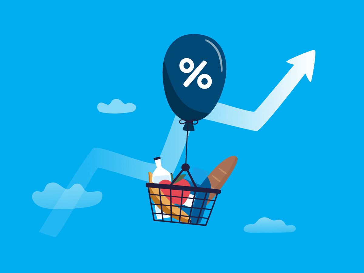 A grocery basket lifted by a balloon with a percent sign, alongside an upward trending arrow, symbolizing rising inflation rates.
