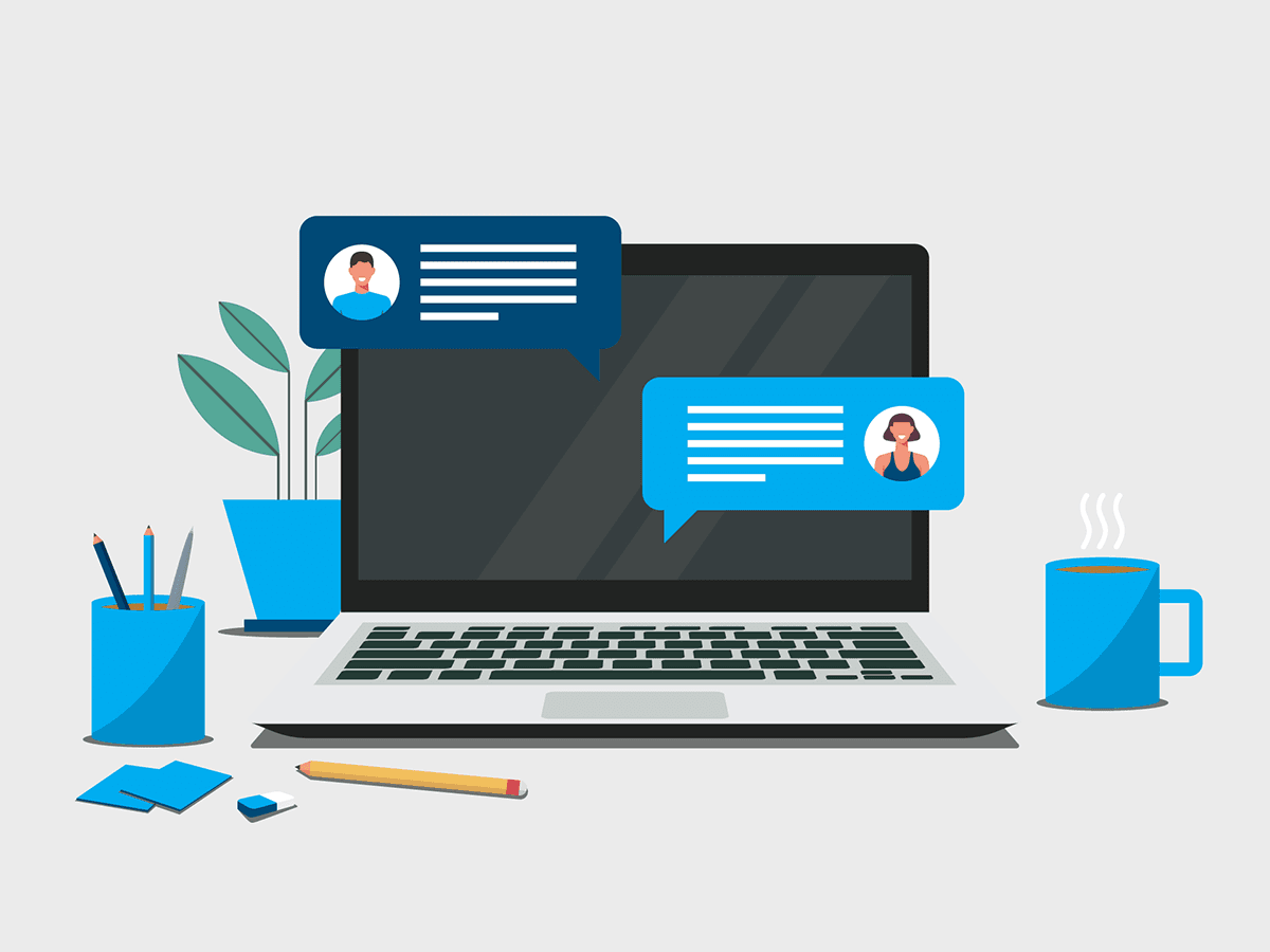 A laptop on a desk displaying two chat bubbles with user avatars, depicting an online banking or customer service conversation.