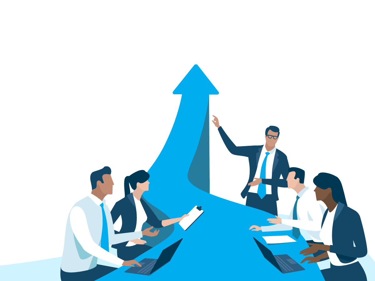 Illustration of a business team at a table with a leader pointing to a large upward blue arrow