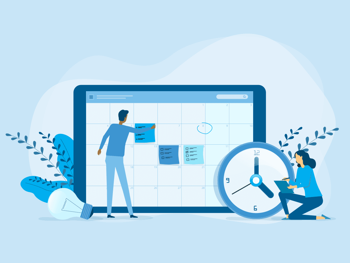 Two people planning and scheduling tasks on a large digital calendar with sticky notes and a clock nearby.