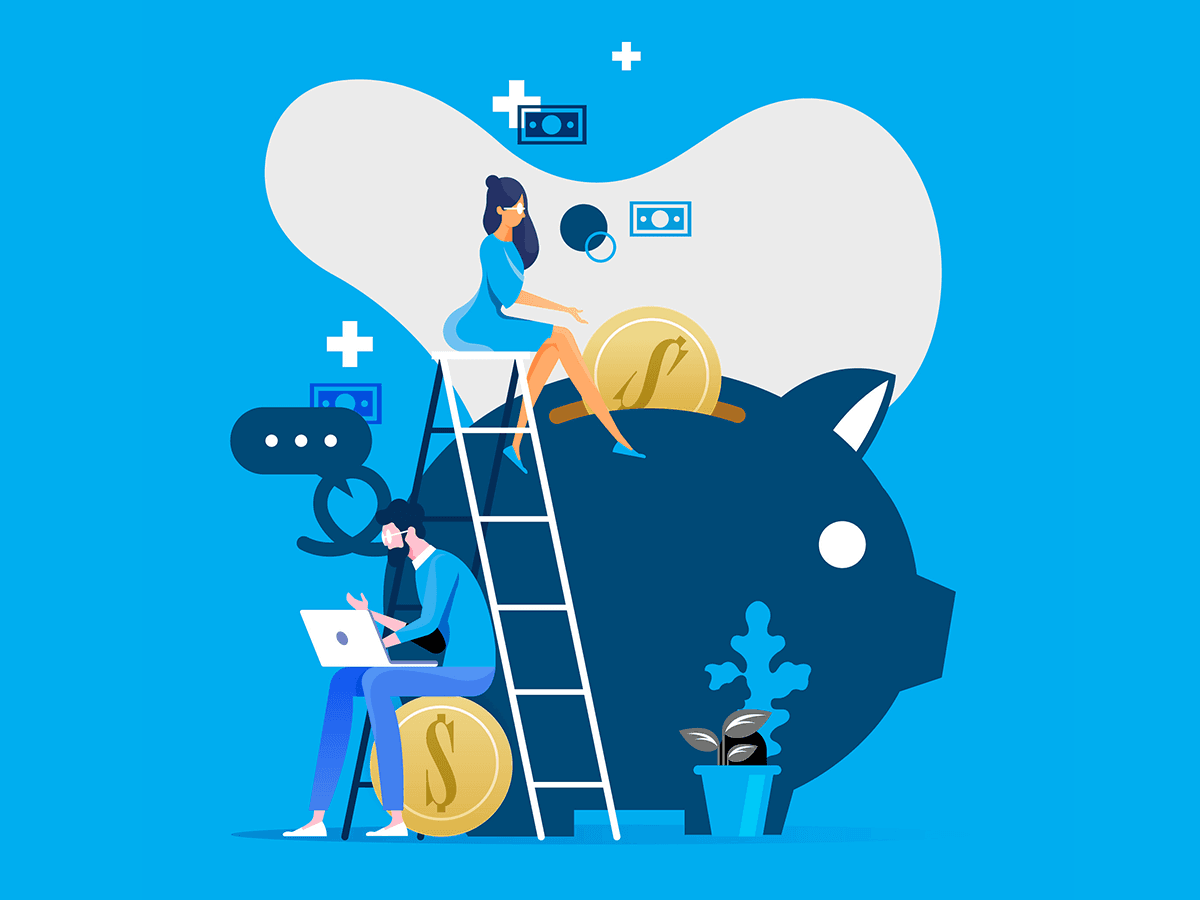 Illustration of people managing savings with a piggy bank and gold coins