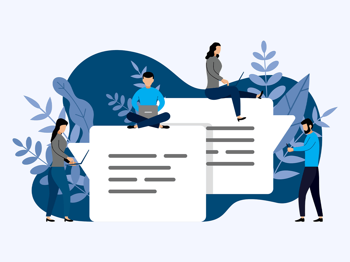 Illustration of people working with oversized documents and laptops