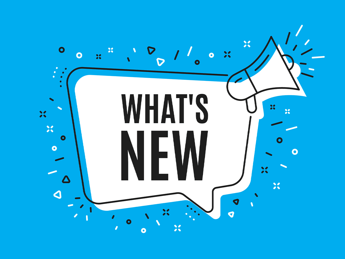 Megaphone with speech bubble reading "What's New" on a bright blue background