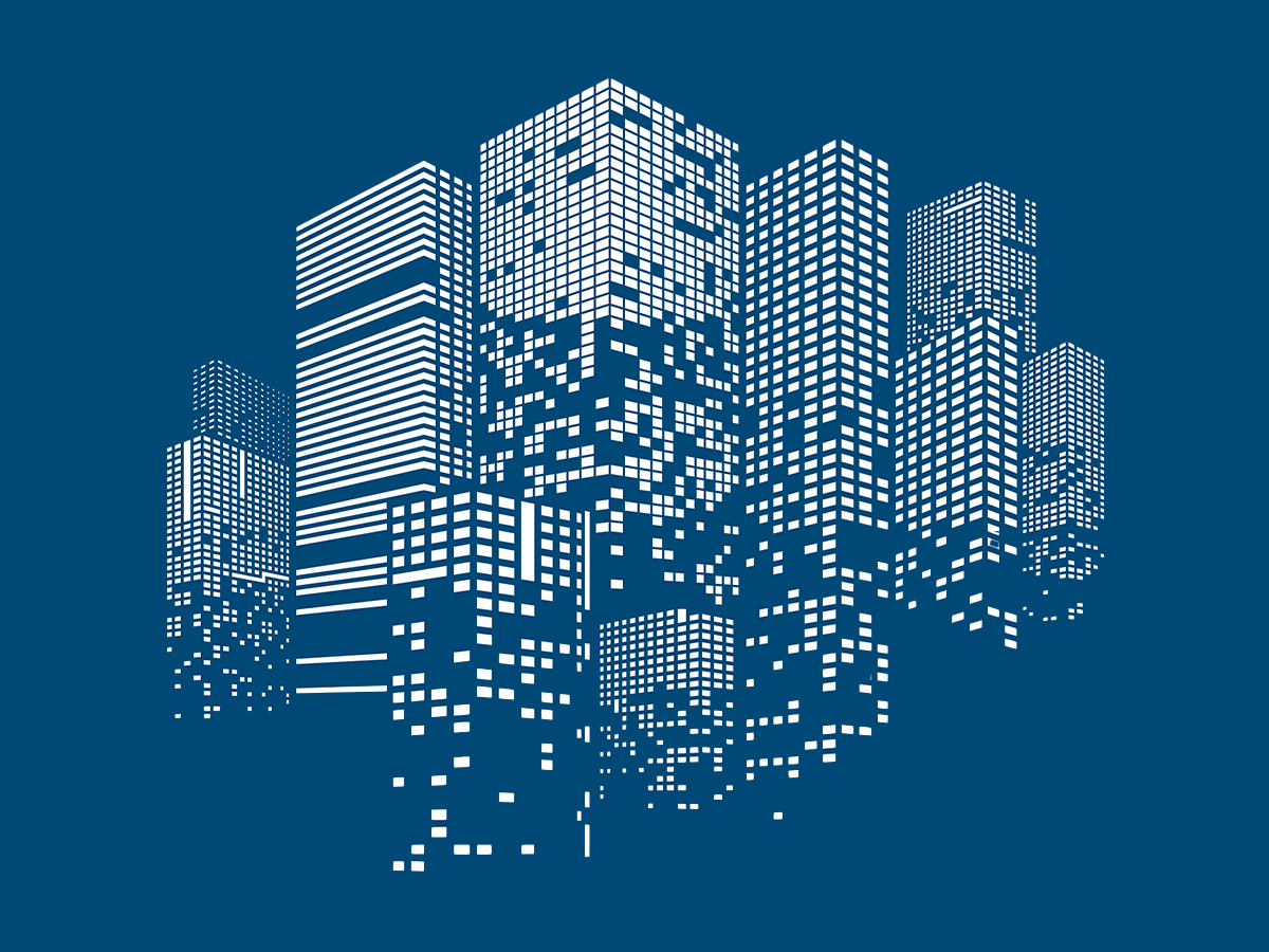 White pixel-style city skyline with tall buildings dissolving into dots on a dark blue background