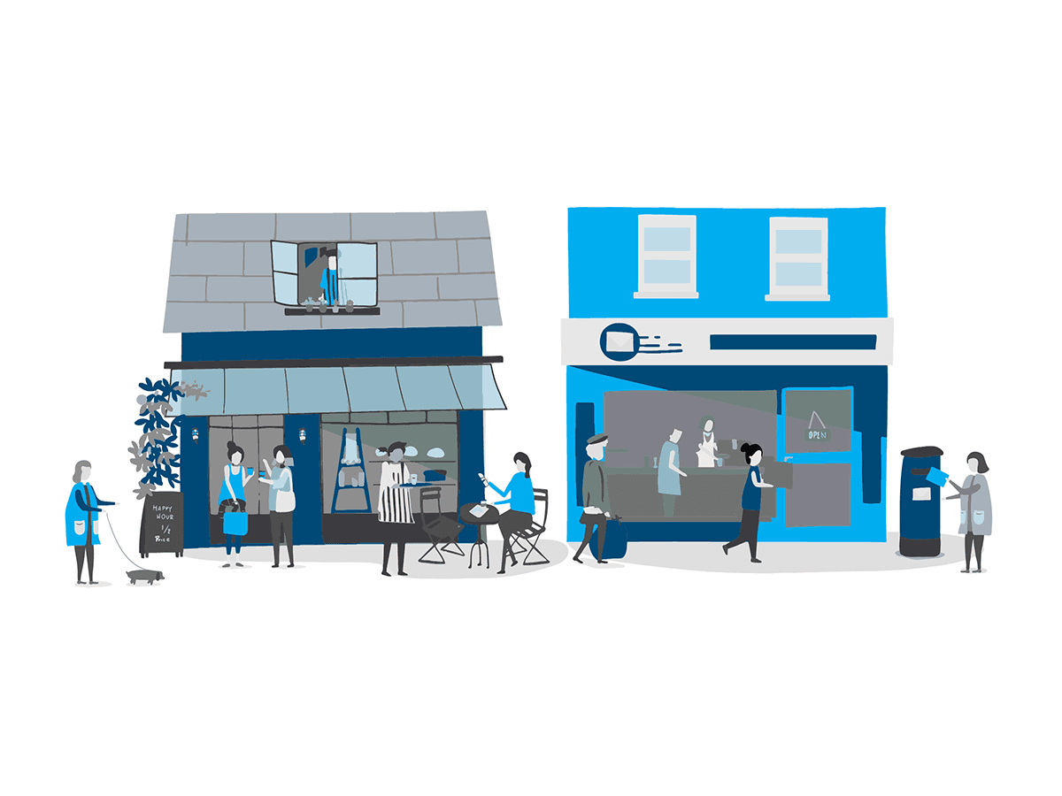 Illustrated street scene with two small businesses, customers, and pedestrians in blue and gray tones