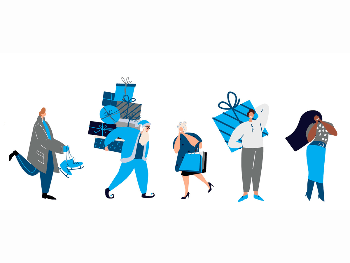 Illustrated people carrying holiday gifts, shopping bags, and ice skates, representing festive seasonal spending.