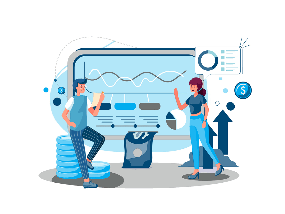 Two professionals analyzing financial dashboard charts and graphs on a large screen with growth arrows