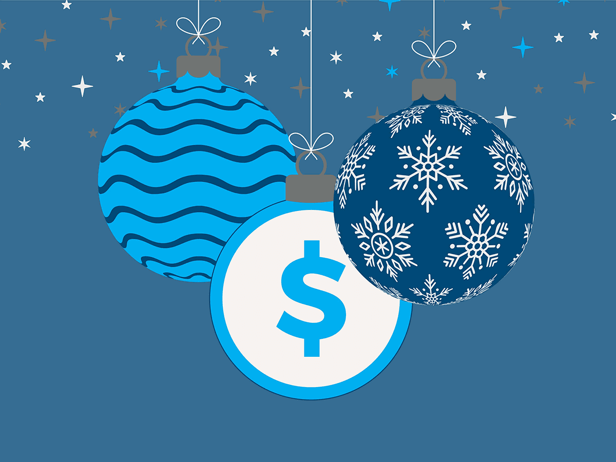 Three decorative holiday ornaments featuring a dollar sign, snowflakes, and wave patterns on a blue background.