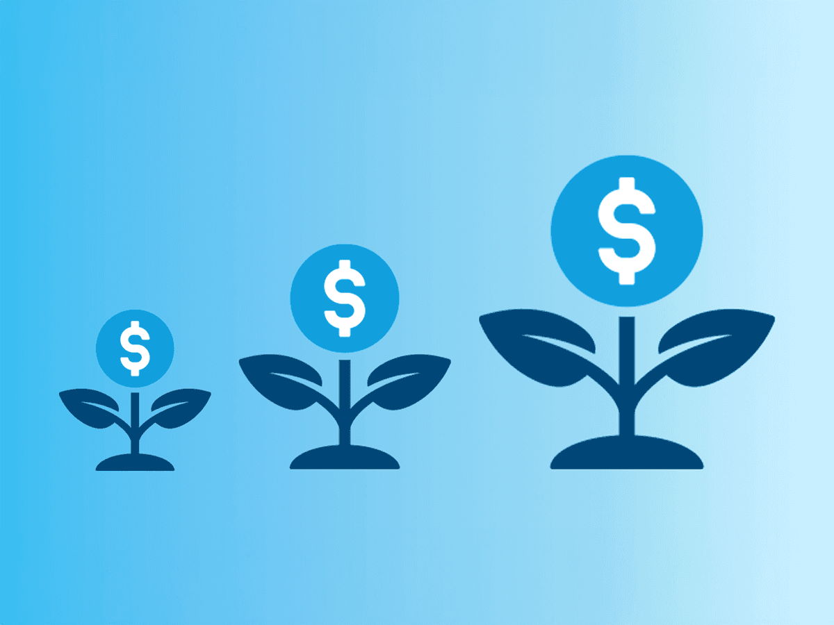 Three growing plants with dollar sign coins, increasing in size to represent financial growth and savings.