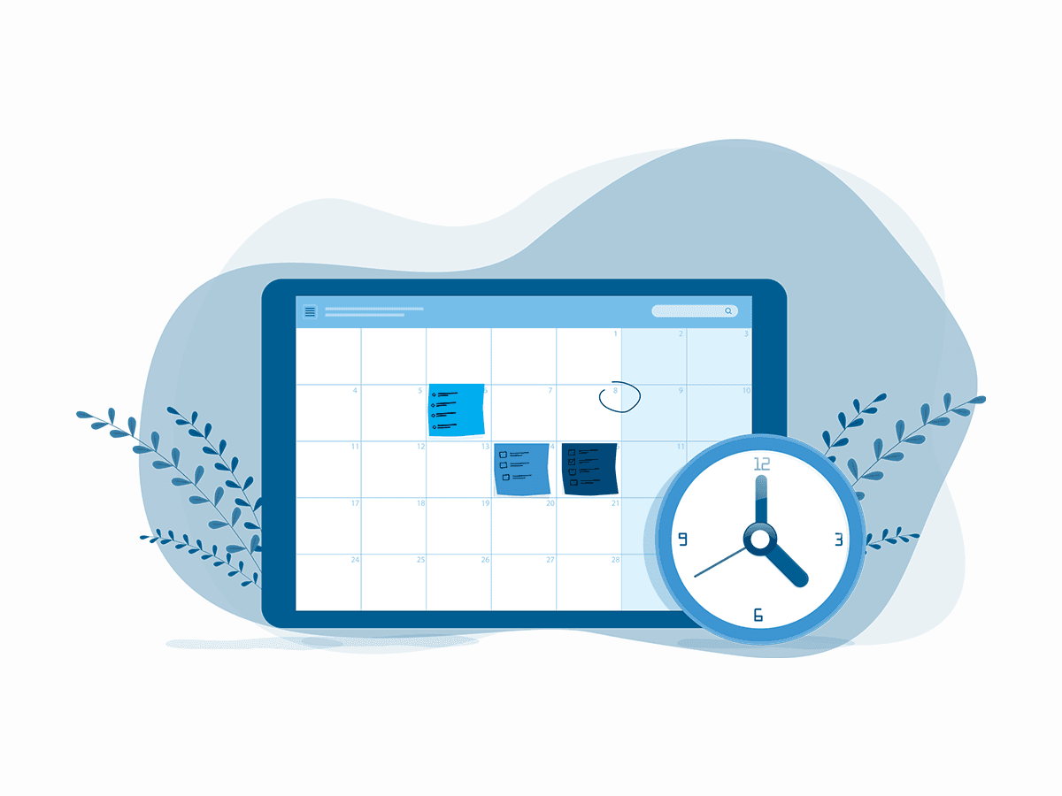 A digital calendar on a tablet with sticky notes and a clock, representing scheduled financial planning appointments.