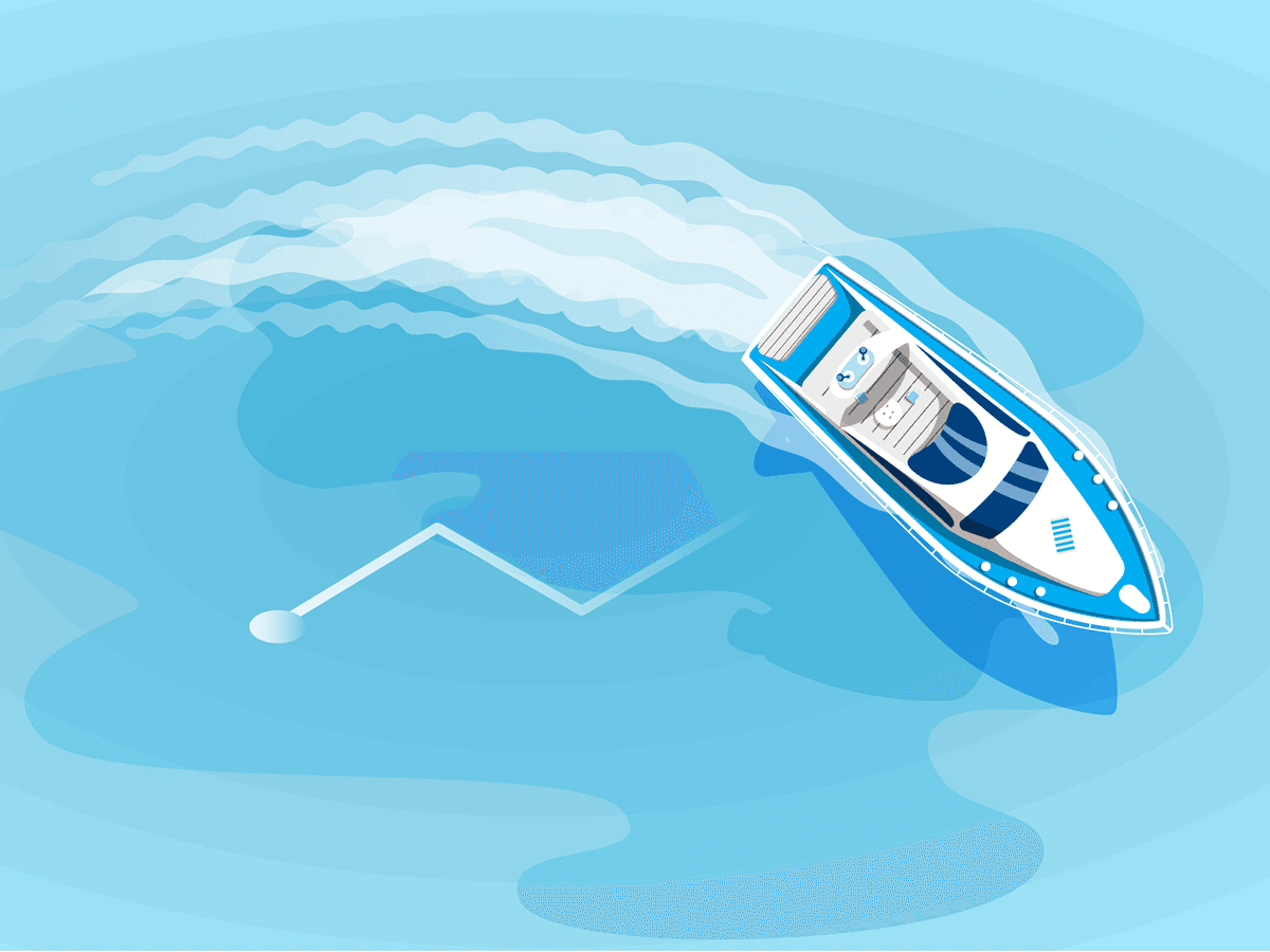 Aerial illustration of a blue and white speedboat making a sharp turn on open water
