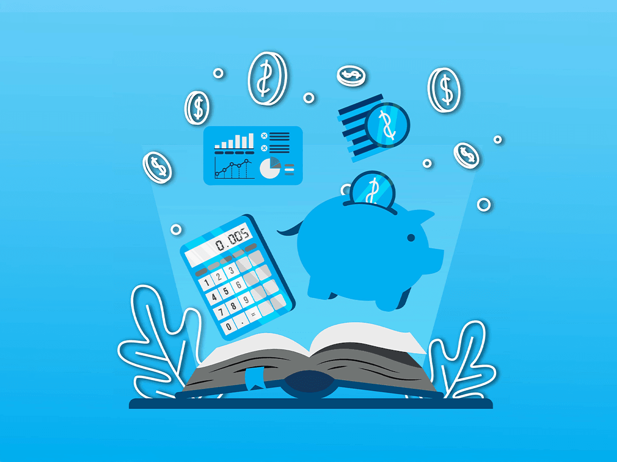 Financial literacy illustration with piggy bank, calculator, coins, and charts emerging from an open book