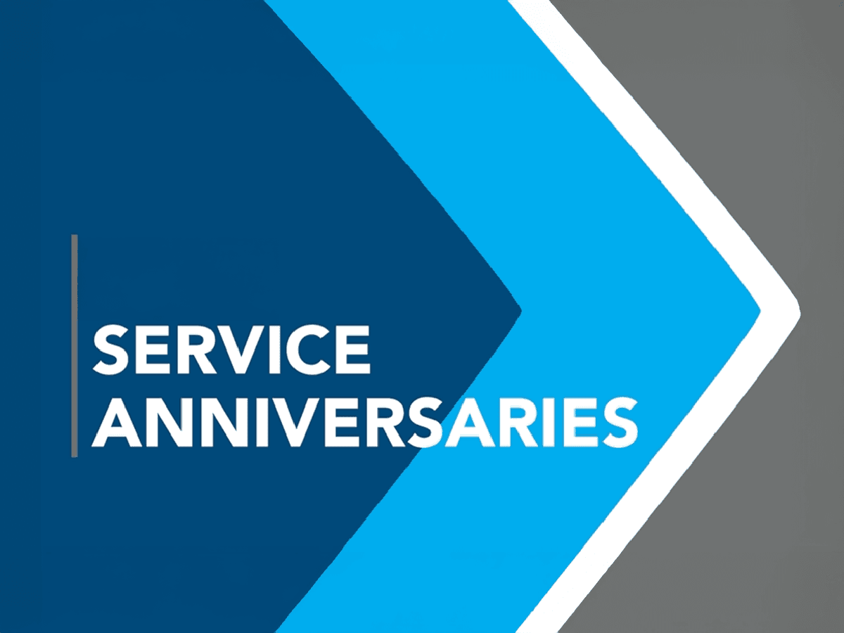Service Anniversaries graphic with bold white text on blue and navy chevron background