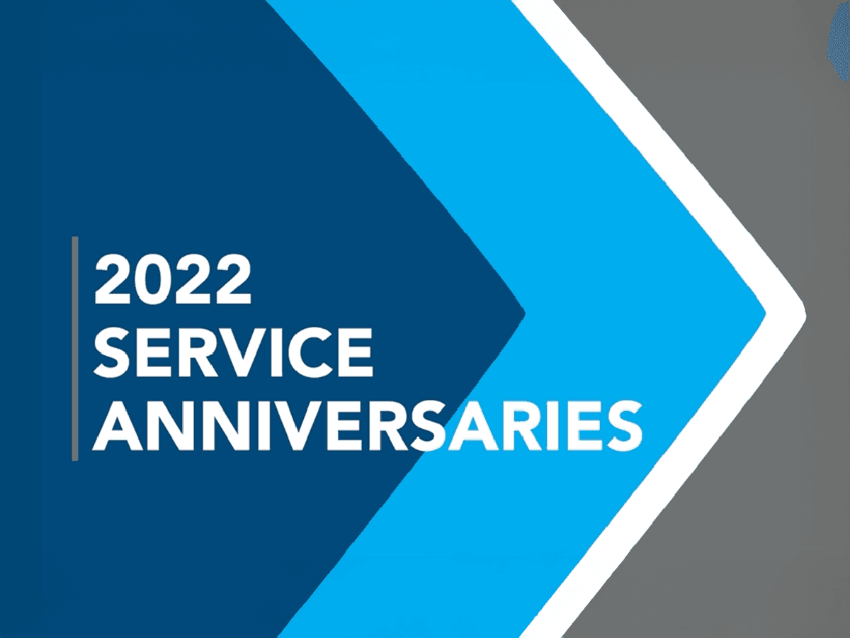 Graphic reading "2022 Service Anniversaries" in bold white text on blue background