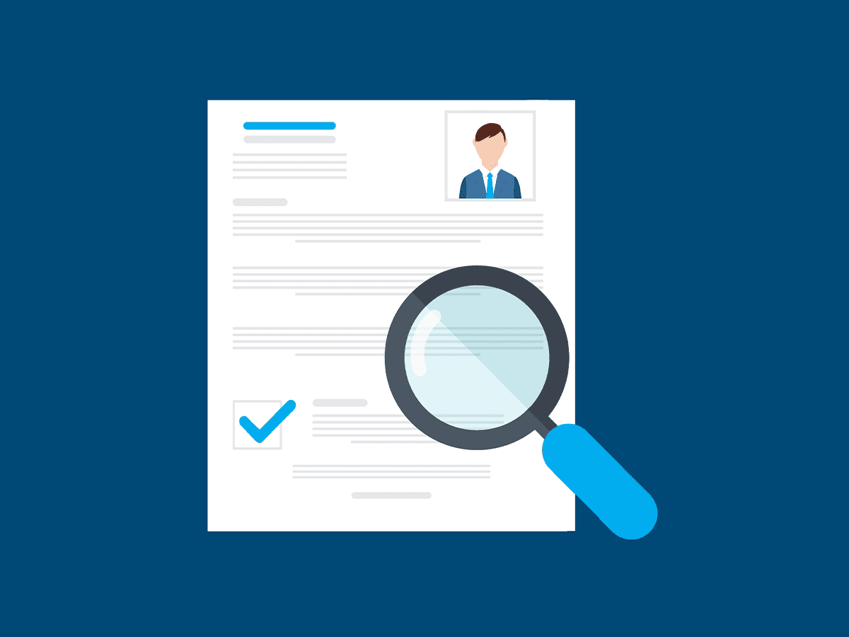 Magnifying glass examining a resume or application document with a checkmark and profile photo