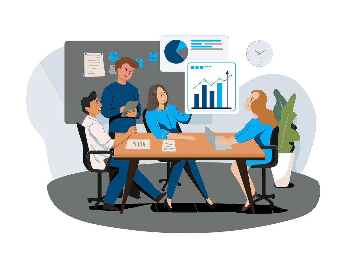 Team of professionals reviewing financial charts and data during a business meeting