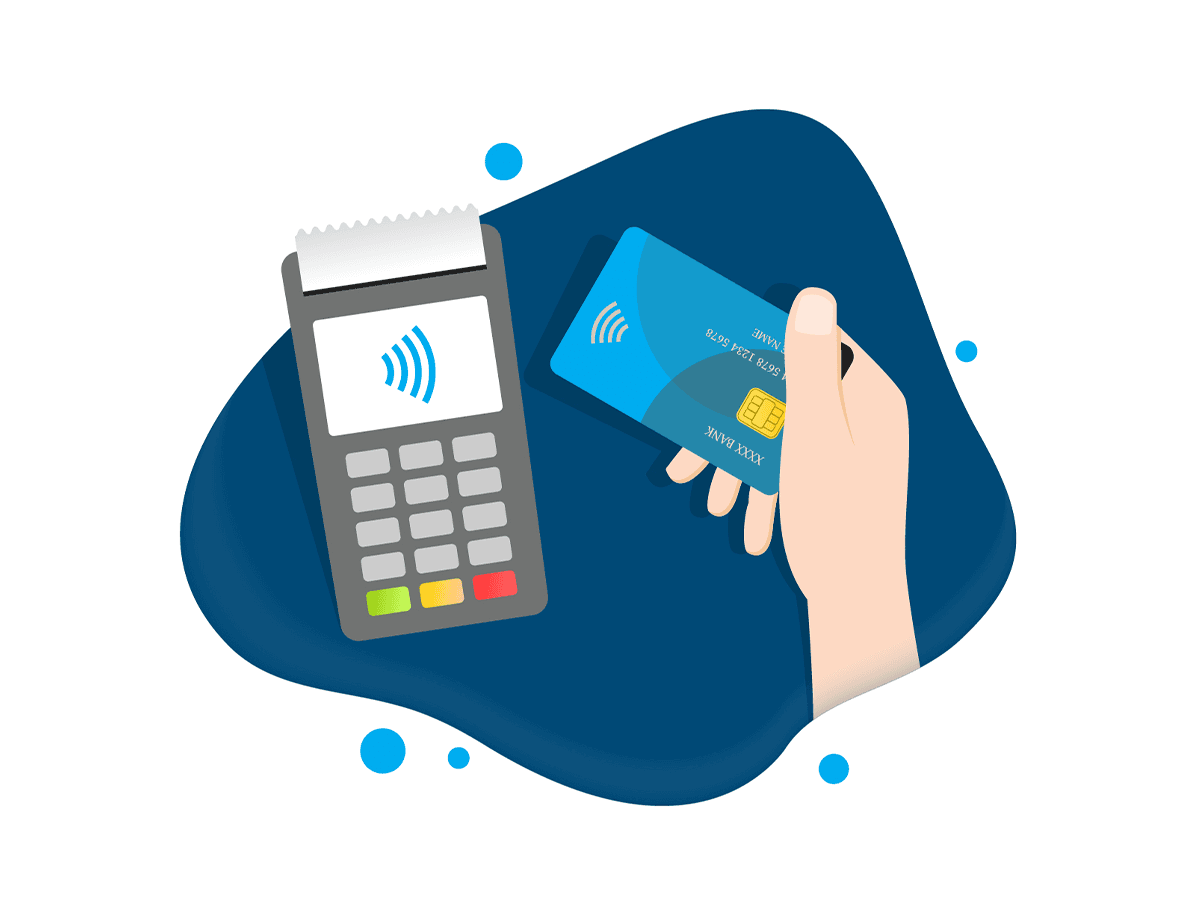 Hand holding a credit card near a contactless payment terminal for a tap-to-pay transaction