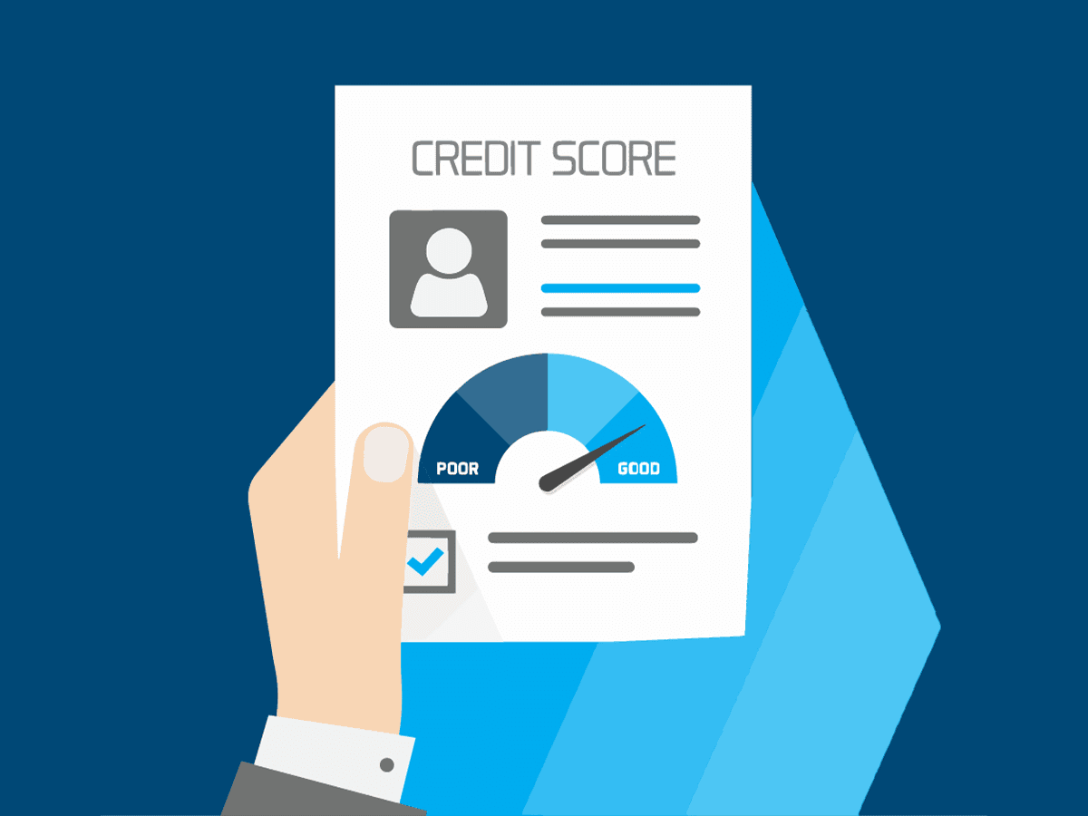 Illustrated hand holding a credit score report showing a gauge between "Poor" and "Good"