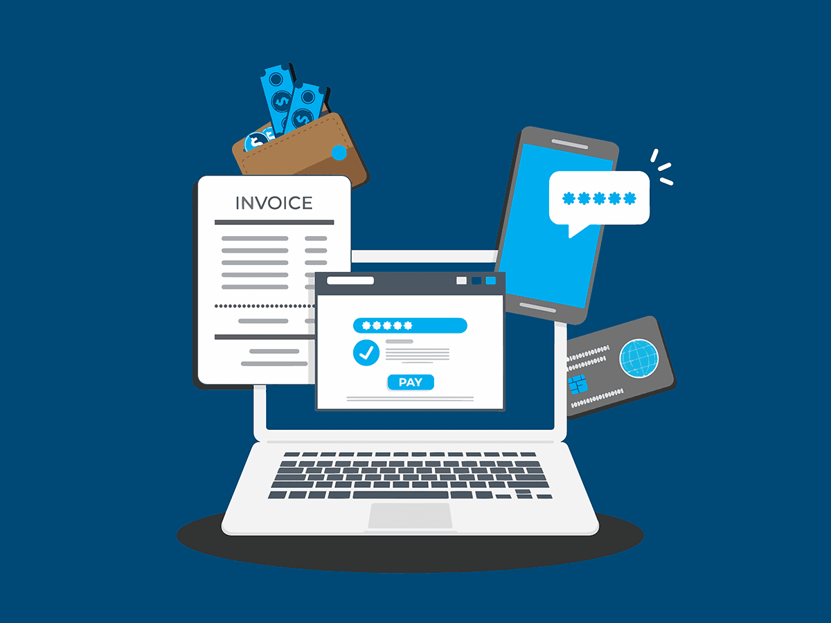 Laptop showing an online bill pay portal with invoice, credit card, and mobile authentication