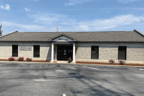 Croghan Colonial Bank branch exterior with stone facade, columns, and "Welcome" signage