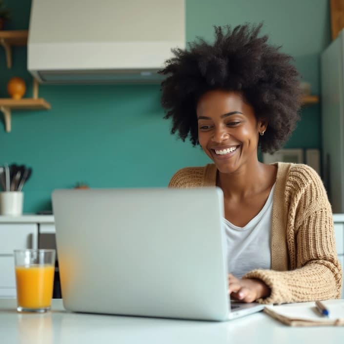 Woman smiling while using online banking on a laptop in a bright kitchen
