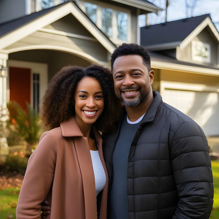 Happy couple standing in front of their home after securing a mortgage loan