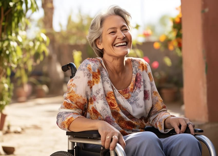 A smiling woman in a wheelchair enjoying a sunny outdoor garden.