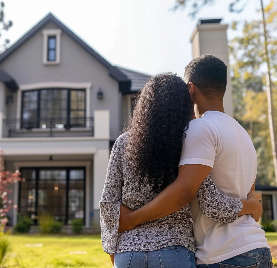 Couple embracing while looking at a beautiful two-story home from the front yard
