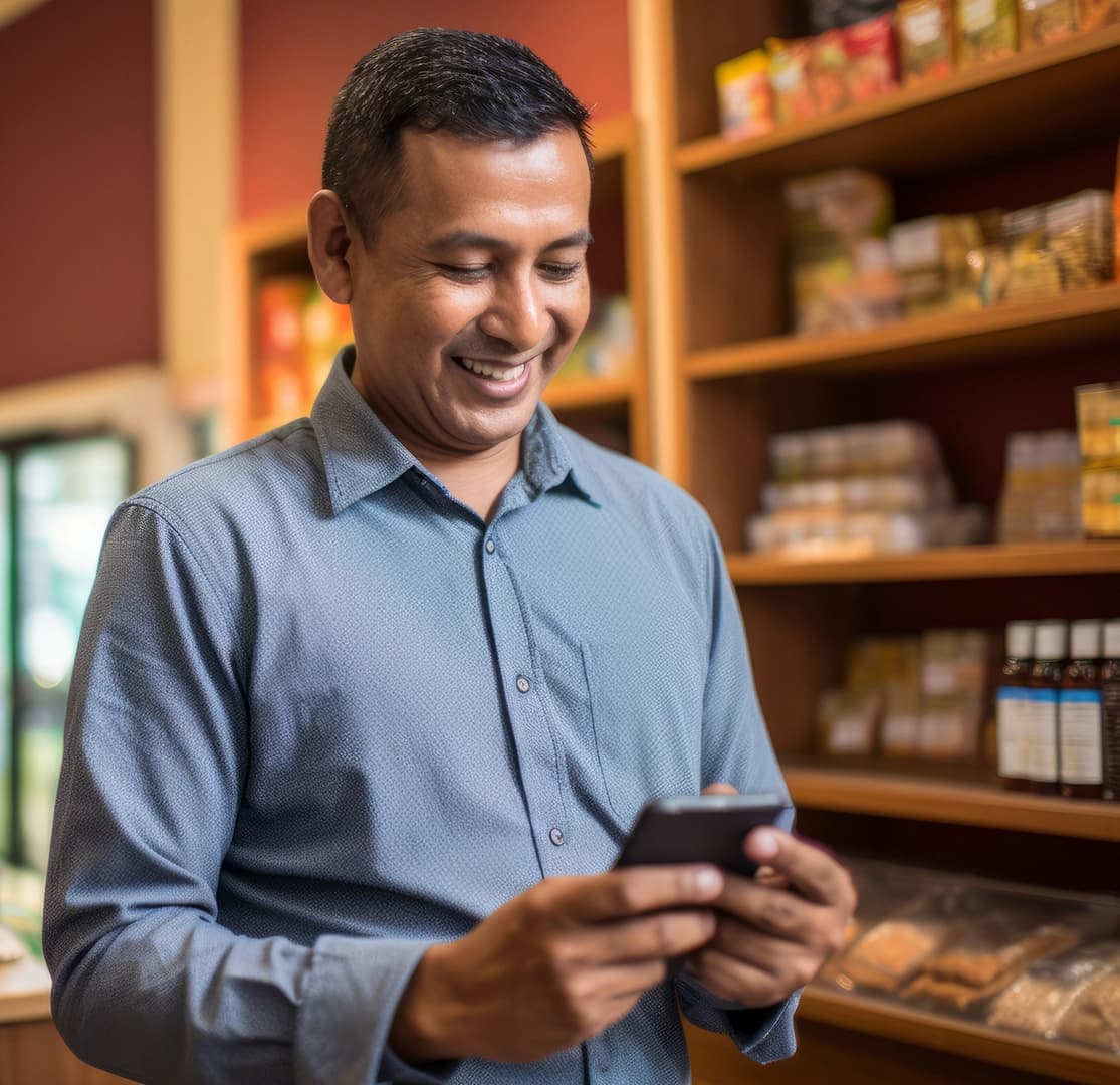 Smiling man checking his phone while standing in a small business retail shop