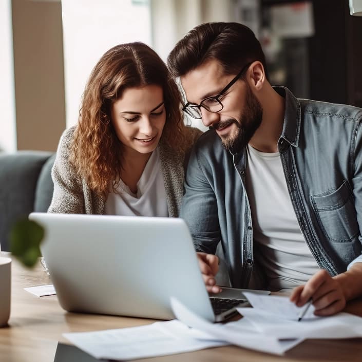 Couple reviewing personal loan or financial planning documents on a laptop