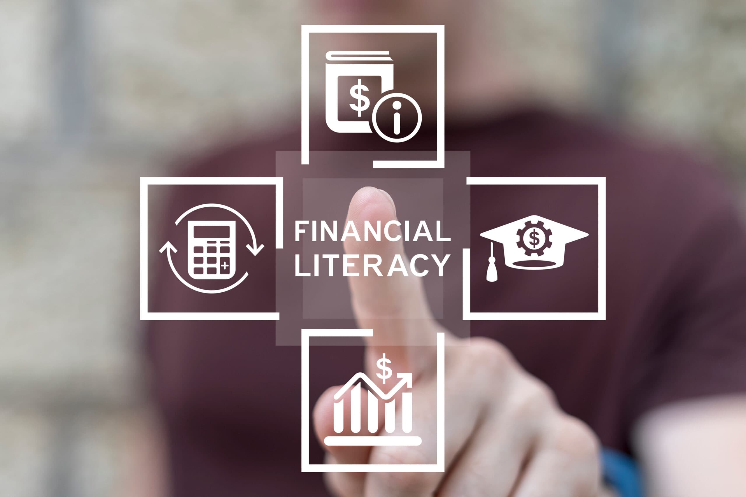 Financial literacy concept graphic with icons for budgeting, education, and investment growth