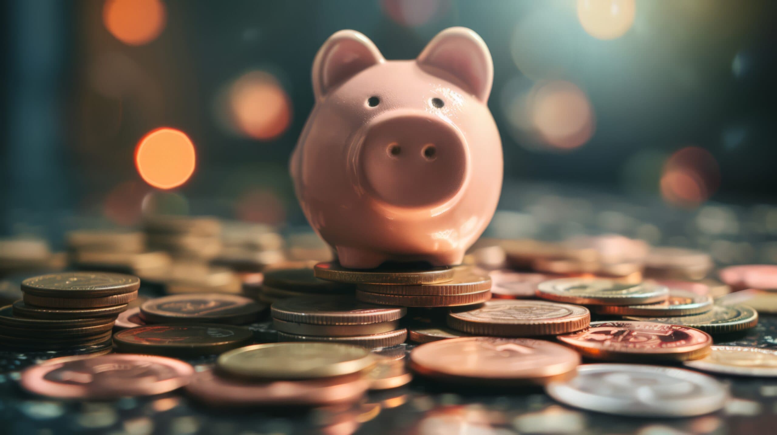 Pink piggy bank sitting atop a pile of gold and copper coins representing savings