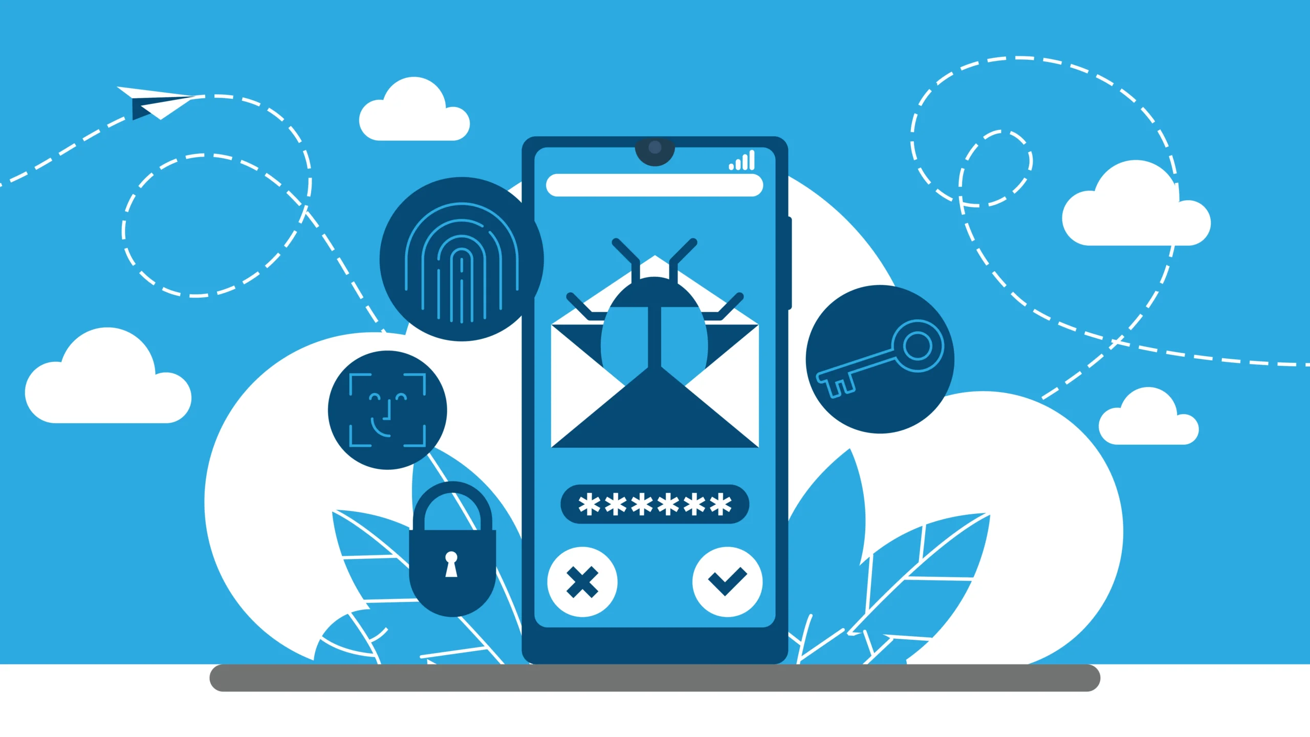 Illustration of mobile phone security showing malware threat, password protection, fingerprint, and key icons