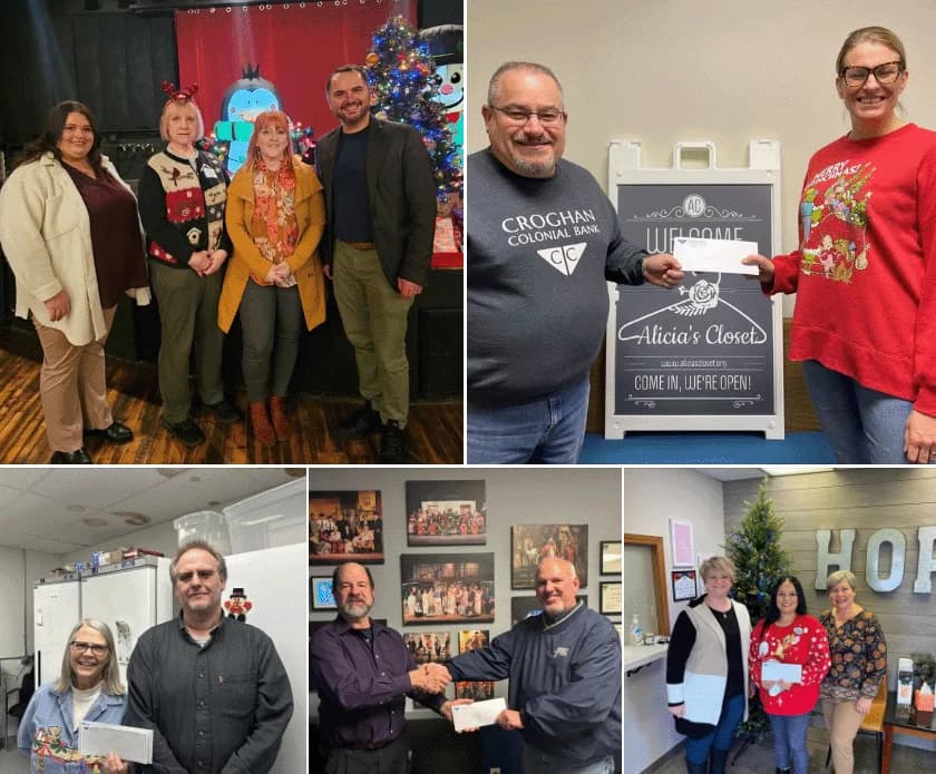 Croghan Colonial Bank representatives presenting checks to local community organizations during the holiday season