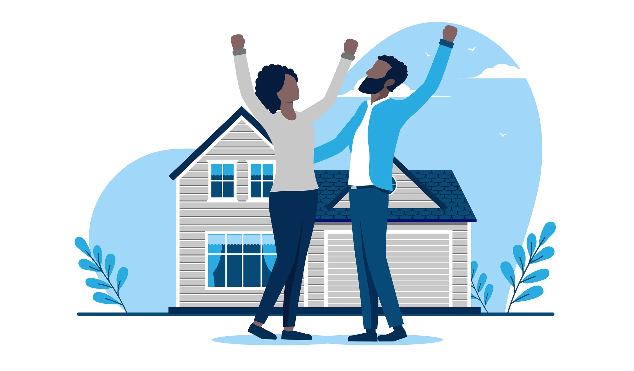 Joyful couple celebrating in front of their new home, arms raised in triumph after securing a mortgage loan