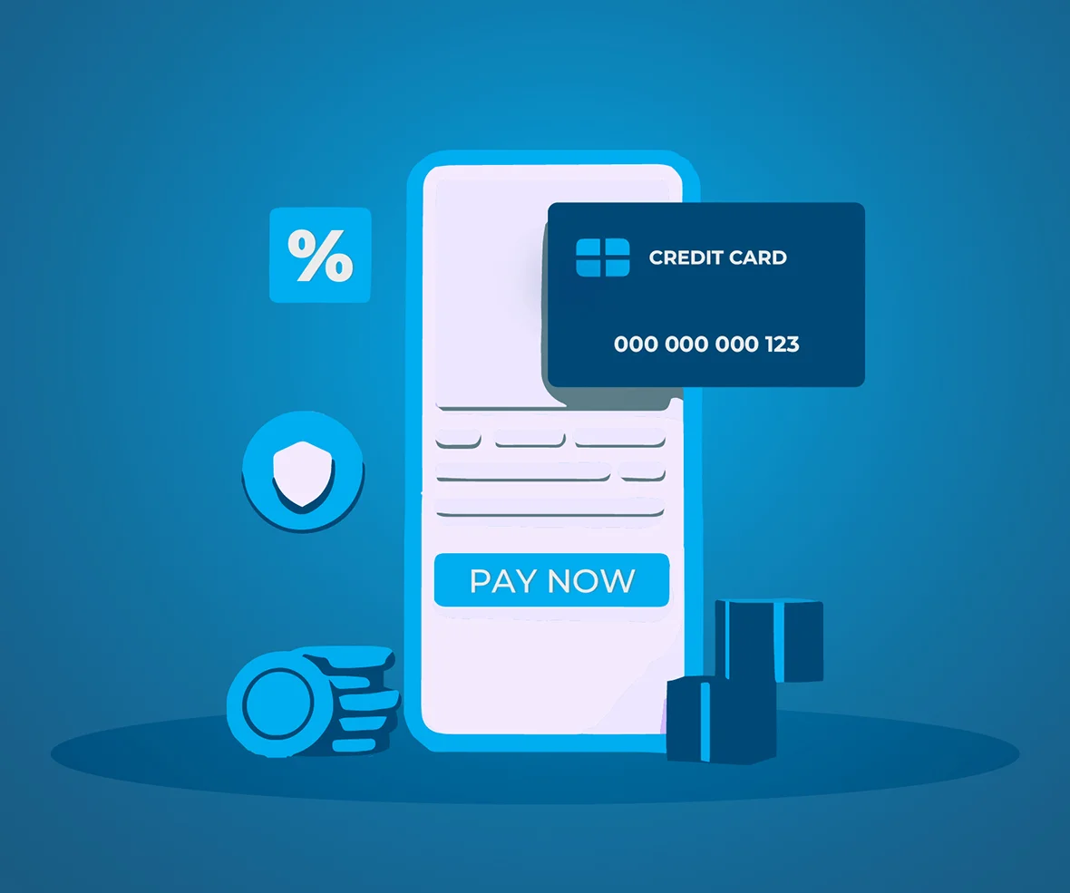 Mobile payment screen with credit card and coins for online banking transactions