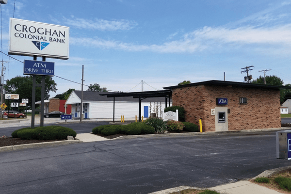 Croghan Colonial Bank ATM drive-thru branch exterior with signage and brick building